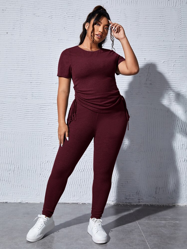 SHEIN Essnce 大碼抽繩T恤和緊身褲 - 紫紅色 - 查看 4