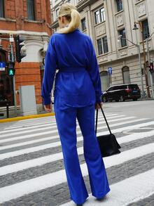Drop Shoulder Flap Pocket Belted Shirt & Trousers - Royal Blue - View 2