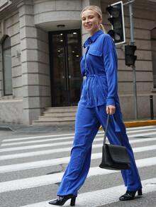 Drop Shoulder Flap Pocket Belted Shirt & Trousers - Royal Blue - View 3