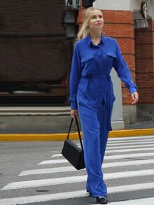 Drop Shoulder Flap Pocket Belted Shirt & Trousers - Royal Blue - View 4