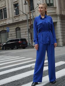 Drop Shoulder Flap Pocket Belted Shirt & Trousers - Royal Blue - View 5