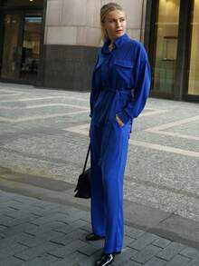 Drop Shoulder Flap Pocket Belted Shirt & Trousers - Royal Blue - View 6