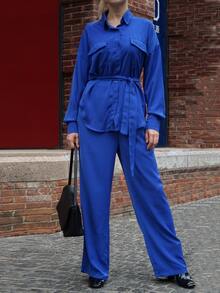 Drop Shoulder Flap Pocket Belted Shirt & Trousers - Royal Blue - View 7