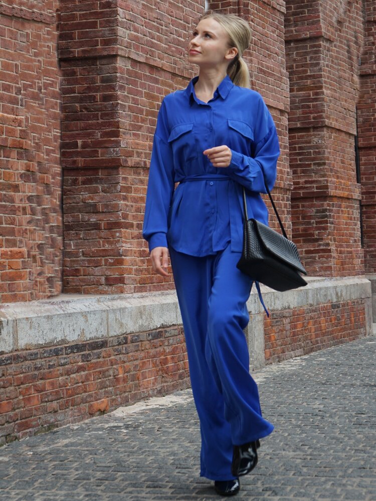 落肩袖翻蓋口袋腰帶襯衫和褲子 - 寶藍色 - 查看 8