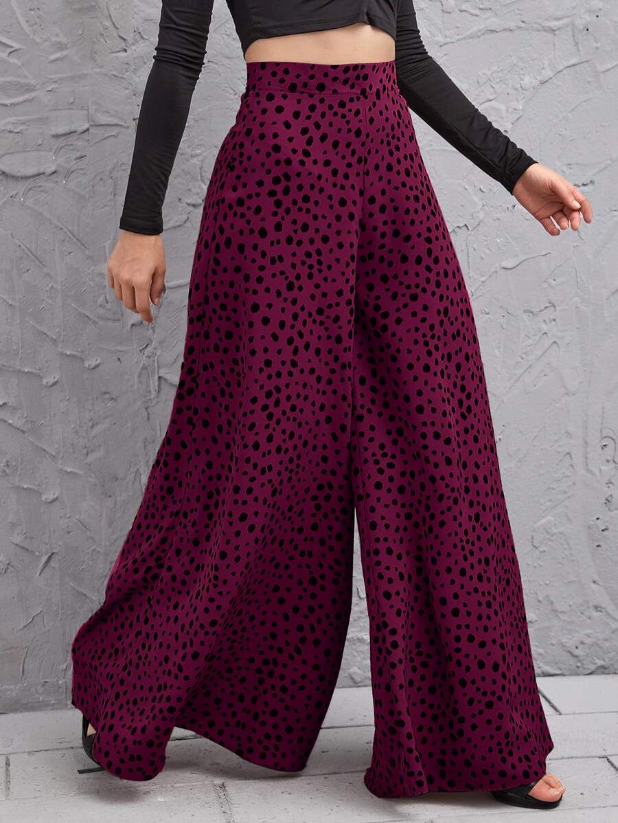 Ellegaria. 高腰斑點圖案闊腿褲 - 紫紅色 - 查看 1
