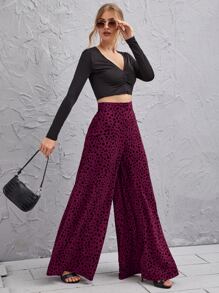 Ellegaria. 高腰斑點圖案闊腿褲 - 紫紅色 - 查看 4