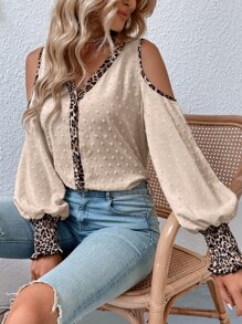 SHEIN Clasi 豹紋印花挖肩抽褶袖口襯衫 - 杏色 - 查看 1