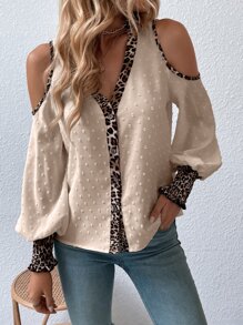 SHEIN Clasi 豹紋印花挖肩抽褶袖口襯衫 - 杏色 - 查看 3