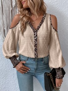 SHEIN Clasi 豹紋印花挖肩抽褶袖口襯衫 - 杏色 - 查看 4