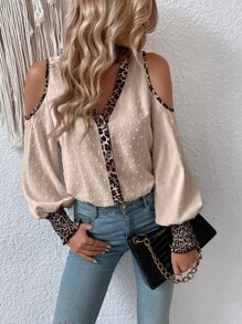 SHEIN Clasi 豹紋印花挖肩抽褶袖口襯衫 - 杏色 - 查看 5