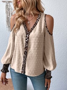 SHEIN Clasi 豹紋印花挖肩抽褶袖口襯衫 - 杏色 - 查看 6