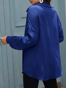 SHEIN LUNE Solid Button Front Pocket Patched Shirt - Royal Blue - View 2