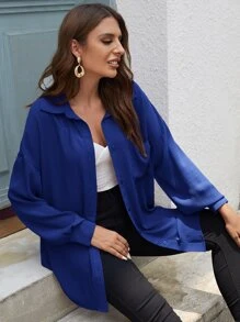 SHEIN LUNE Solid Button Front Pocket Patched Shirt - Royal Blue - View 3