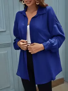 SHEIN LUNE Solid Button Front Pocket Patched Shirt - Royal Blue - View 4