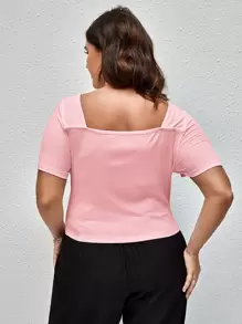 SHEIN Privé Plus Rib-knit Twist Sweetheart Neck Tee - Baby Pink - View 2