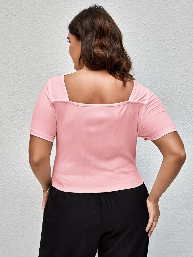 SHEIN Privé 大碼羅紋針織扭結雞心領口T恤 - 淺粉色 - 查看 2