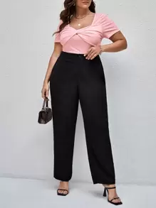 SHEIN Privé Plus Rib-knit Twist Sweetheart Neck Tee - Baby Pink - View 5