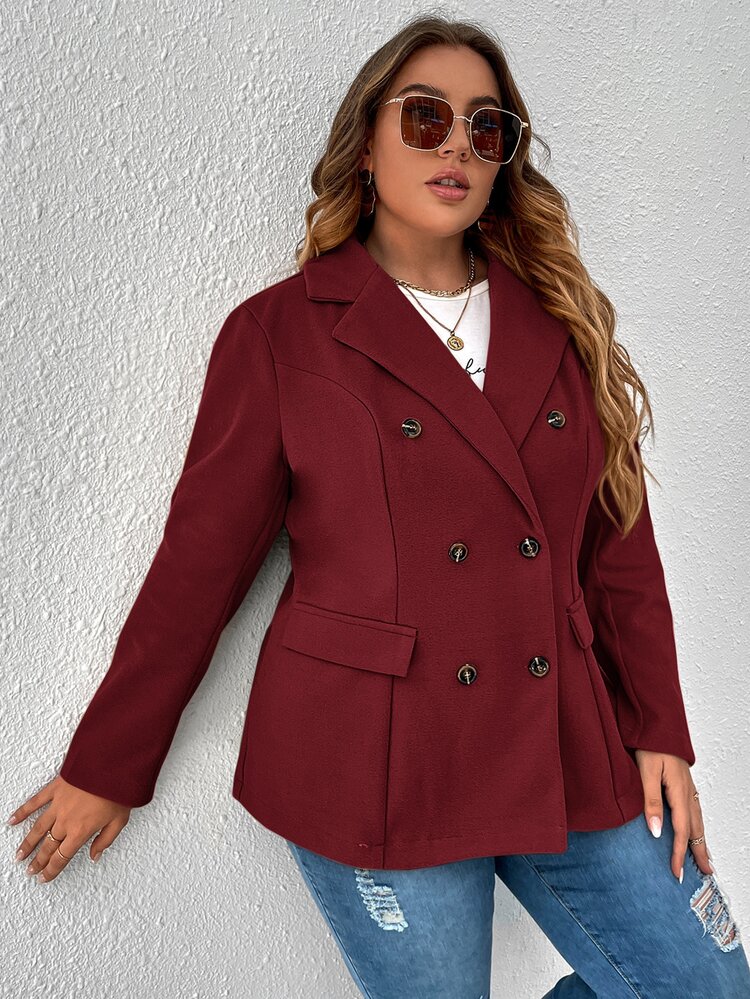 SHEIN Clasi 秋冬加大双排扣大衣 - 紫紅色 - 查看 3