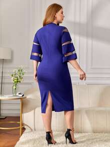 SHEIN Clasi 大碼小高領網紗拼接後背開衩連衣裙 - 寶藍色 - 查看 2