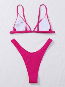 SHEIN Swim 夏季海滩单色比基尼套装罗纹三角文胸和高腰比基尼 2 件套比基尼