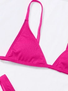 SHEIN Swim 夏季海滩单色比基尼套装罗纹三角文胸和高腰比基尼 2 件套比基尼