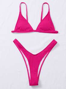 SHEIN Swim 夏季海滩单色比基尼套装罗纹三角文胸和高腰比基尼 2 件套比基尼