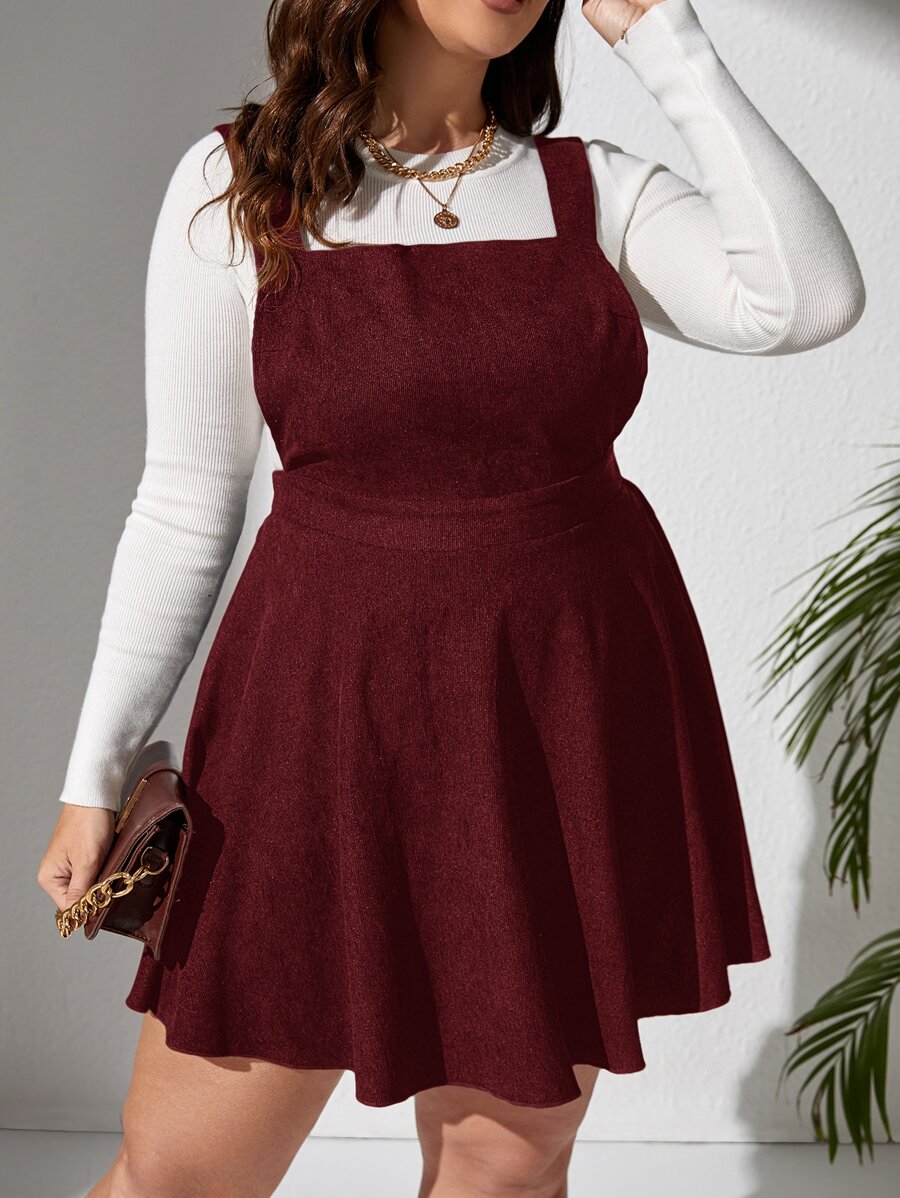 SHEIN EZwear Plus Solid Pinafore Dress Without Tee - Maroon - View 1