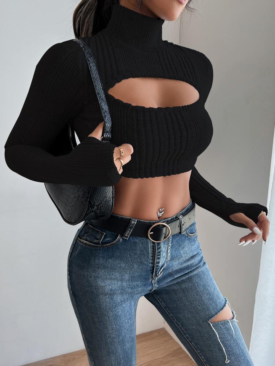 Allurite Top corto de cuello cisne con abertura delantera - Negro - Ver 1