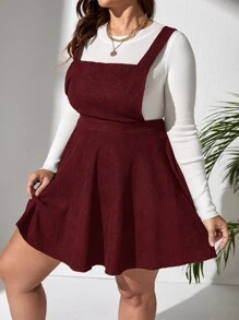 SHEIN EZwear Plus Solid Pinafore Dress Without Tee - Maroon - View 5
