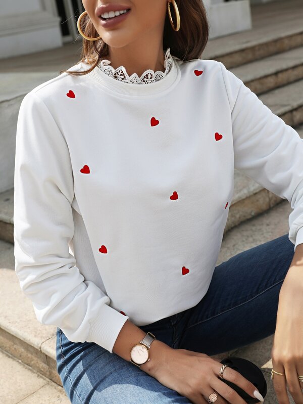 SHEIN Frenchy Heart Embroidery Lace Trim Sweatshirt Winter Thanks Giving White