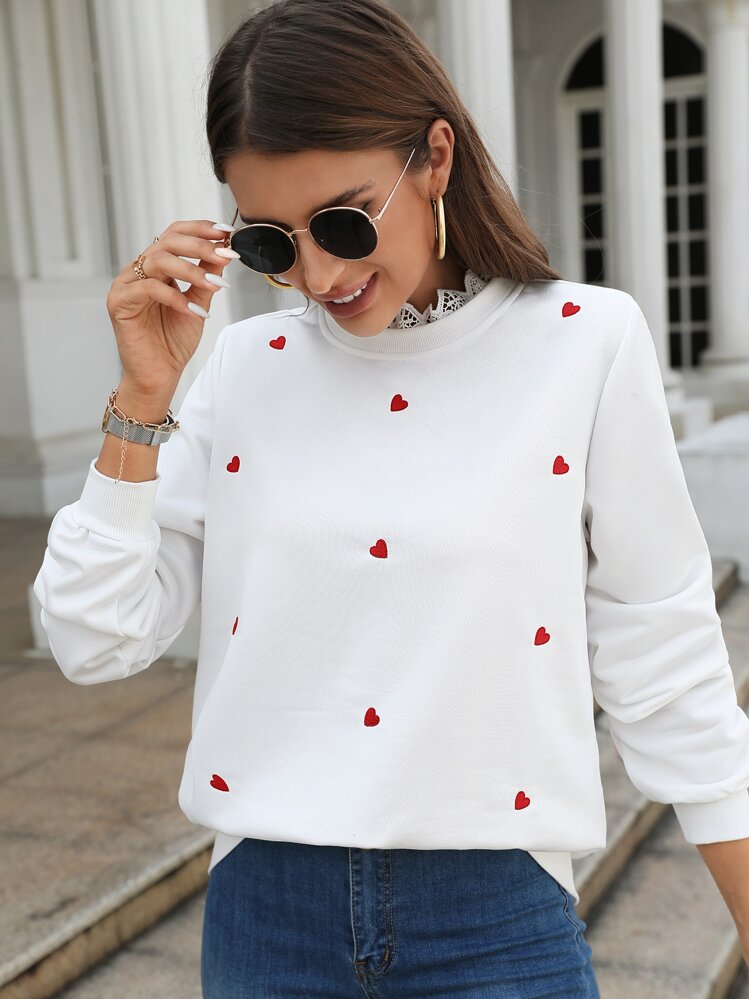SHEIN Frenchy Heart Embroidery Lace Trim Sweatshirt Winter Thanks Giving White - White - View 4