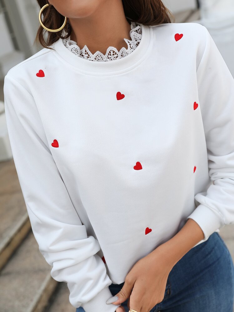 SHEIN Frenchy Heart Embroidery Lace Trim Sweatshirt Winter Thanks Giving White - White - View 6