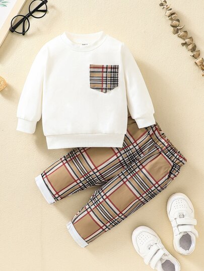 Bebé con bolsillo delantero Pullover & de cuadros Pantalones deportivos