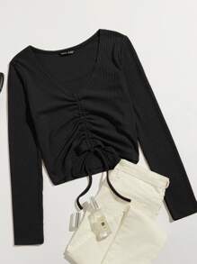 SHEIN EZwear Drawstring Front Rib-knit Tee - Black - View 1