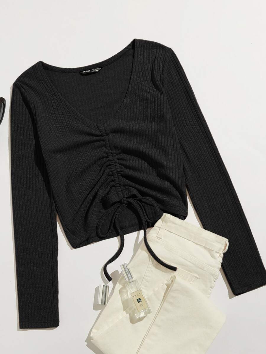 SHEIN EZwear Drawstring Front Rib-knit Tee - Black - View 1