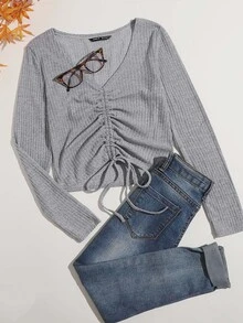 SHEIN Qutie Camiseta tejida de canalé con cordón delantero - Gris Claro - Ver 1