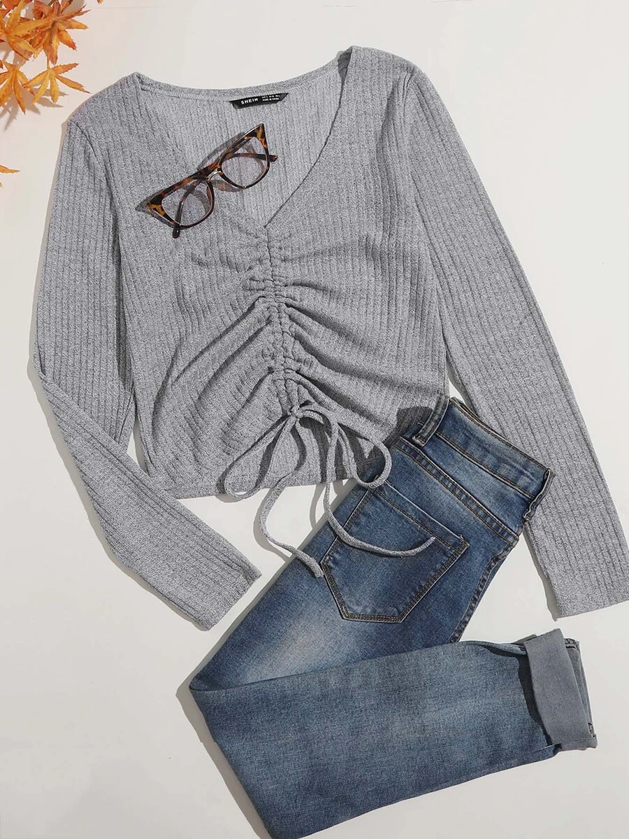 SHEIN Qutie Camiseta tejida de canalé con cordón delantero - Gris Claro - Ver 1