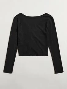 SHEIN EZwear Drawstring Front Rib-knit Tee - Black - View 2