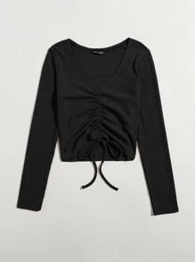 SHEIN EZwear Drawstring Front Rib-knit Tee - Black - View 3