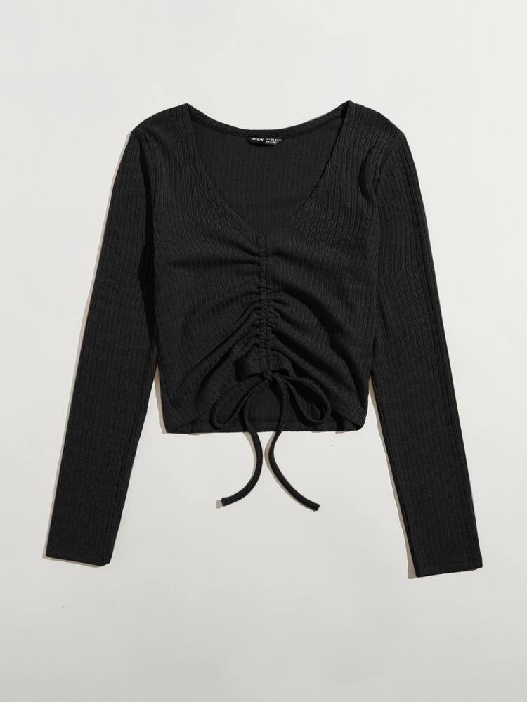 SHEIN EZwear Drawstring Front Rib-knit Tee - Black - View 3