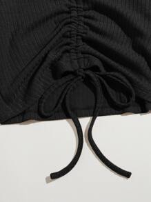 SHEIN EZwear Drawstring Front Rib-knit Tee - Black - View 4