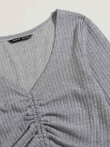 SHEIN Qutie Camiseta tejida de canalé con cordón delantero - Gris Claro - Ver 3