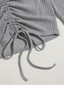 SHEIN Qutie Camiseta tejida de canalé con cordón delantero - Gris Claro - Ver 4