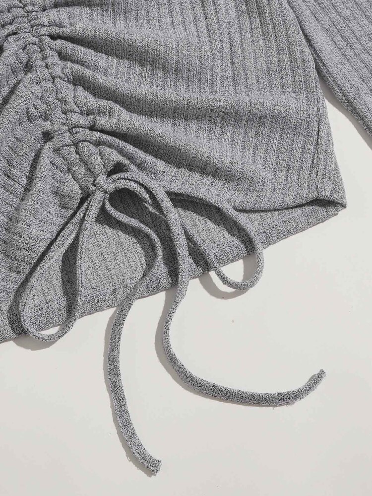 SHEIN Qutie Drawstring Front Rib-knit Tee - Light Grey - View 4