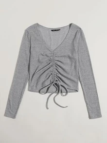 SHEIN Qutie Camiseta tejida de canalé con cordón delantero - Gris Claro - Ver 5