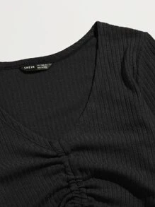 SHEIN EZwear Drawstring Front Rib-knit Tee - Black - View 5