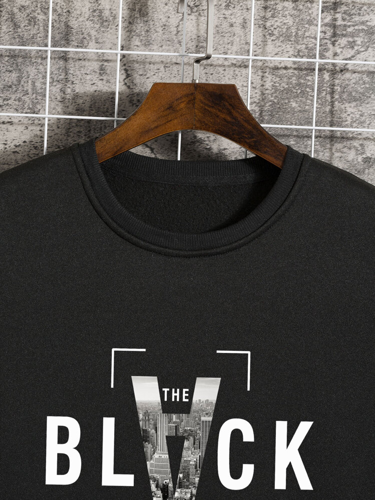 Manfinity Dauomo 男士標語和建築物圖案保暖套頭衫 - 黑色 - 查看 5