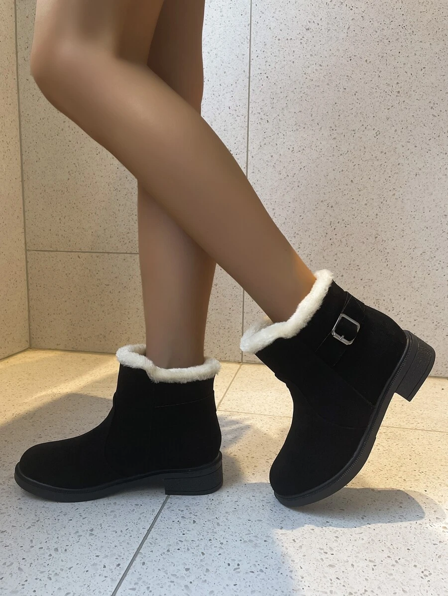 Faux Suede Buckle Decor Teddy Lined Snow Boots - Black - View 1