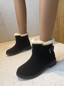 Faux Suede Buckle Decor Teddy Lined Snow Boots - Black - View 3