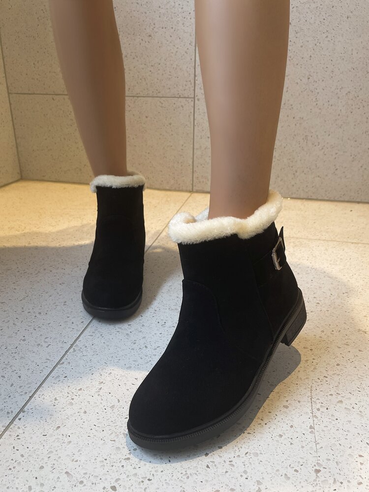 仿麂皮搭扣裝飾毛絨內襯雪地靴 - 黑色 - 查看 4